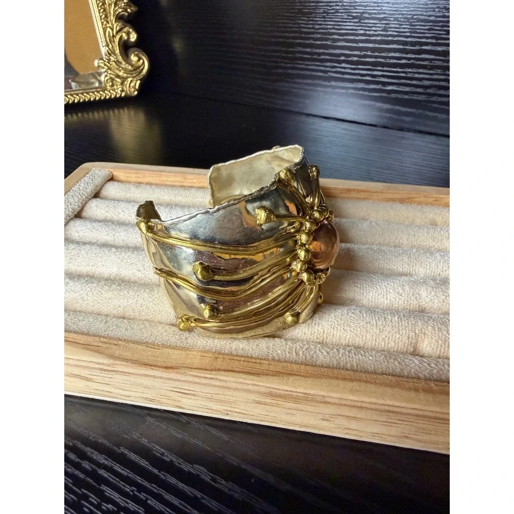 Artisan Mixed Metal Cuff Bracelet Tri-Tone Sunburst Hammered Silver Gold Copper
